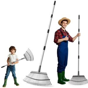 25-Zinken Garten Rechen für Laub, Rasen & Gras, Verstellbarer Langer Stiel Laubrechen, Breiter Metall-Rechenkopf, Ergonomisches Design, Effiziente Reinigung Laubsammler für...