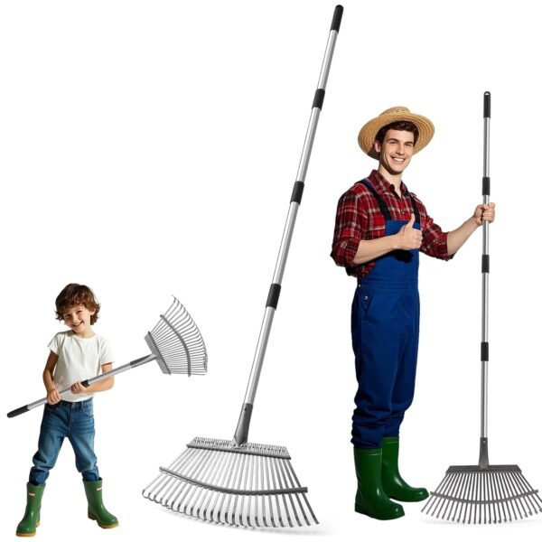 25-Zinken Garten Rechen für Laub, Rasen & Gras, Verstellbarer Langer Stiel Laubrechen, Breiter Metall-Rechenkopf, Ergonomisches Design, Effiziente Reinigung Laubsammler für...