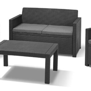 “Allibert by Keter” Modena garden furniture set made of plastic, incl. cushions, grey, 4-piece, 2 seat cushions, sofa & table, for garden, balcony & patio, flat rattan look.