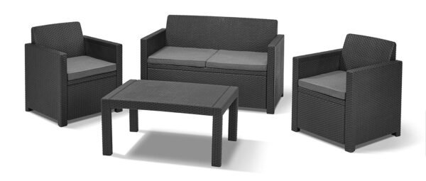 “Allibert by Keter” Modena garden furniture set made of plastic, incl. cushions, grey, 4-piece, 2 seat cushions, sofa & table, for garden, balcony & patio, flat rattan look.