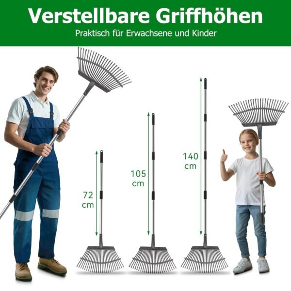 CJYMMFAN 25-Zinken Laubrechen mit verstellbarem Edelstahlstiel für effiziente Gartenpflege