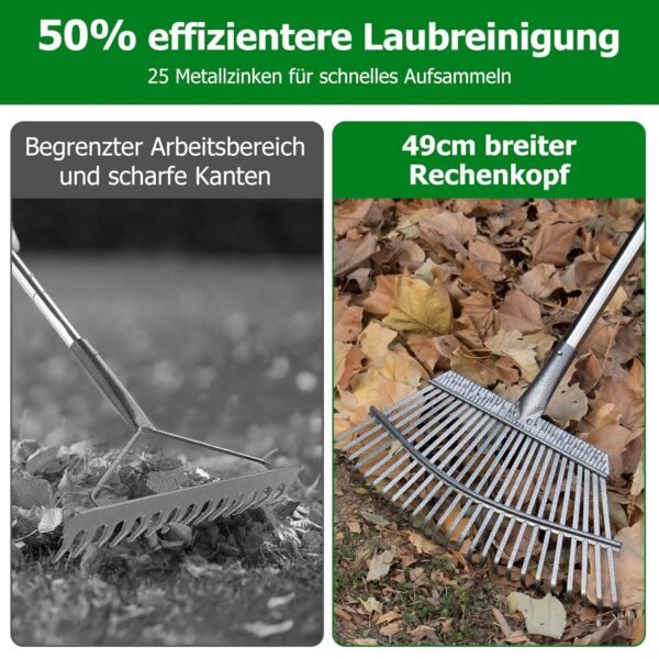 CJYMMFAN 25-Zinken Laubrechen mit verstellbarem Edelstahlstiel für effiziente Gartenpflege