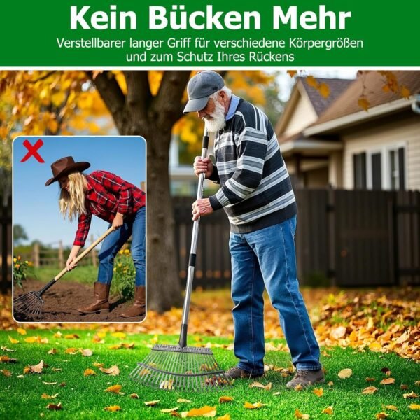 CJYMMFAN 25-Zinken Laubrechen mit verstellbarem Edelstahlstiel für effiziente Gartenpflege