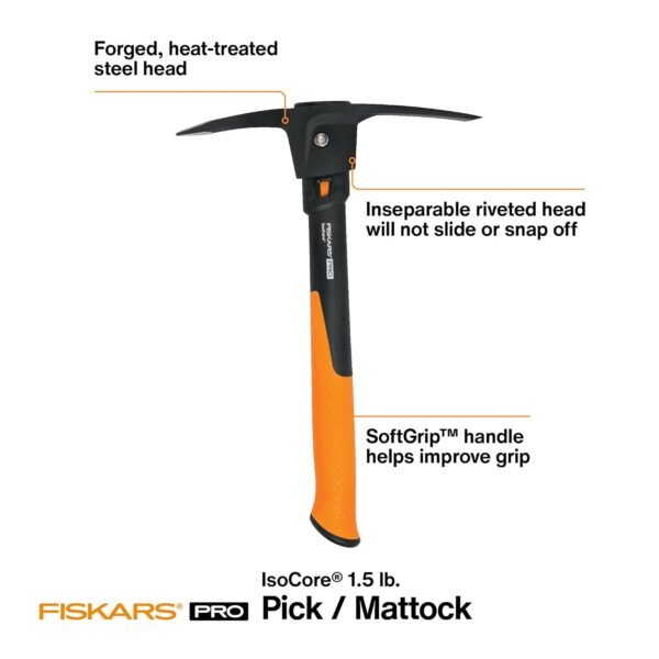 Fiskars Pro IsoCore Spitzhacke kraftvoll und vibrationsarm für harte Böden im Garten