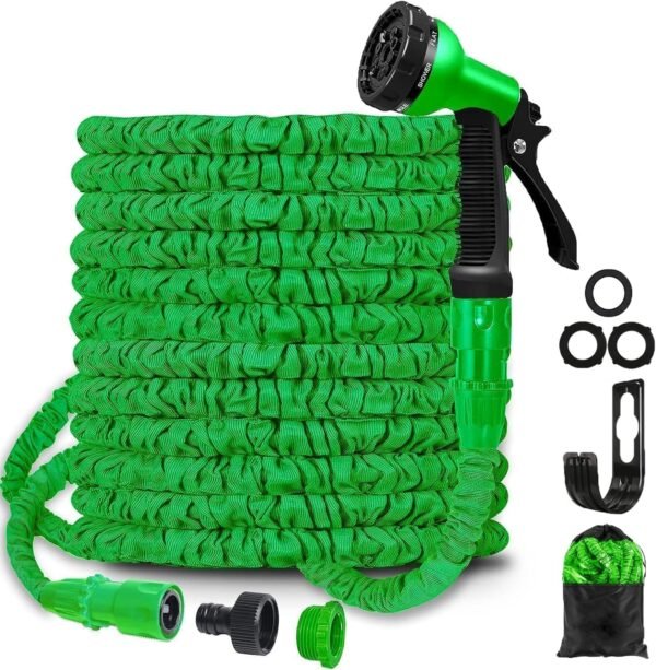 Flexible Garden Hose, 30 m, Flex Garden Hose, Water Hose with 8 Modes, Expandable Hose, Spray Gun, 3/4 Inch and 1/2 Inch Magic Water Pipe, Green