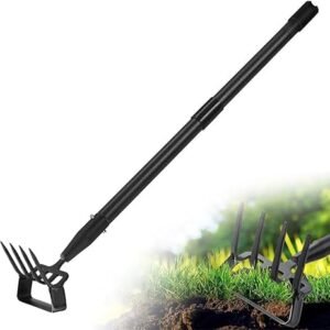 Gartenhacke, 157cm 2-in-1 Steigbügelhacke Gartenwerkzeuge mit 4-Zahn Spike, Hula Hacke mit verstellbarem Langem Griff für Unkraut, Lockerung Boden