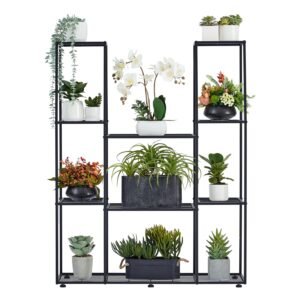 Metal Flower Shelf, 4 Tiers, 11 Pots Plant Shelf, Indoor Outdoor, Waterproof Flower Stand, Multi-Tier Plant Stand for Garden, Balcony, Living Room, Yard, Black