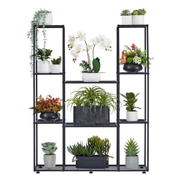 Metal Flower Shelf, 4 Tiers, 11 Pots Plant Shelf, Indoor Outdoor, Waterproof Flower Stand, Multi-Tier Plant Stand for Garden, Balcony, Living Room, Yard, Black