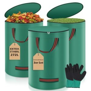 Miaglury 3 x 272 L Garden Waste Bags with Glove, Leaf Bag, Garden Bag with Lid and 4 Handles, Sturdy Self-Standing Garden Waste Bags, Garden Leaf Collector, Leaf Bags for Garden...