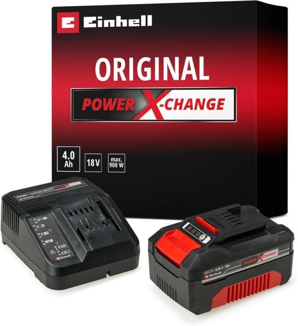 Original Einhell Starter Kit Battery and Charger Power X-Change Volks.Battery, Lithium Ion, 18 V, 4.0 Ah Battery and Quick Charger, Suitable for all Power X-Change Devices