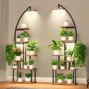 Plant Stand with Grow Light - 7 Levels Flower Stand 165 cm Metal Wood Plant Shelf - Indoor and Outdoor Flower Stairs - Decorative Black Flower Shelf for Indoor Garden Balcony...