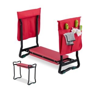 Relaxdays Kniebank mit Taschen, gepolstert, gelenkschonende Kniehilfe, bis 150 kg, klappbar, Gartenarbeit, schwarz/rot