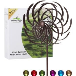 SteadyDoggie Solar Wind Spinner Willow Leaves 61inches Tall (1.6m) | Multi-Color LED Light from Solar Powered Glass Ball with Kinetic Wind Spinner | Dual Direction for Patio...