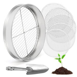 Zoelele Bodensieb für die Gartenarbeit, 12-Zoll-Edelstahl-Bodensieb mit 5 austauschbaren Feinsieben, Handschuhen und Schaufel, Sieb für Sandfelsen Schmutzkompost, 3mm, 5mm, 8mm,...