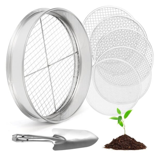Zoelele Bodensieb für die Gartenarbeit, 12-Zoll-Edelstahl-Bodensieb mit 5 austauschbaren Feinsieben, Handschuhen und Schaufel, Sieb für Sandfelsen Schmutzkompost, 3mm, 5mm, 8mm,...